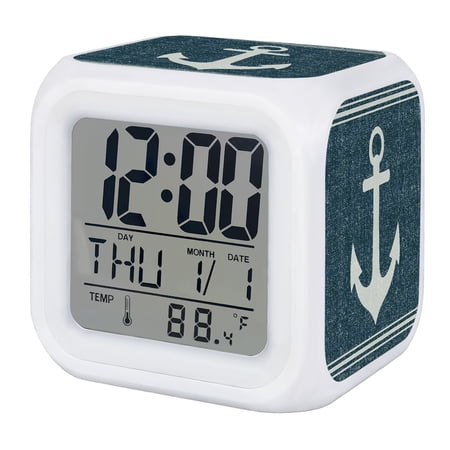 Alarm Clocks Nautical Ship Anchor Digital Clock 7 Color LED Night Light Silent Non-Ticking Battery Operated Coastal Turquoise Linen Lines Cube Clocks for Bedroom Bedside Living Room Office Decor