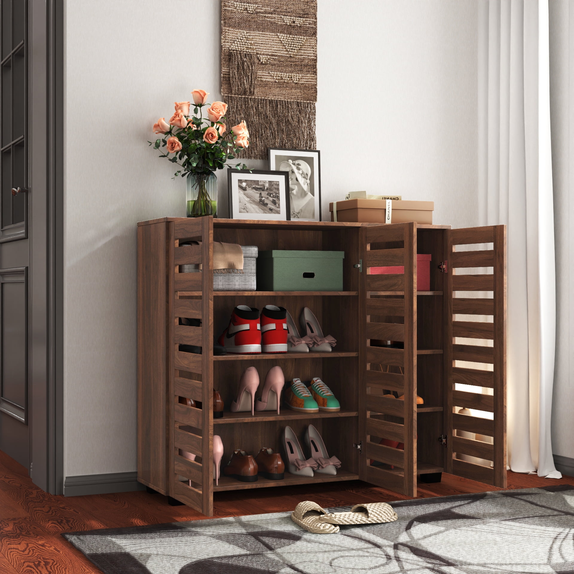 Mintazer 5 Tier Shoe Storage Cabinet with Louvered Doors & Adjustable Shelves, Shoe Rack Organizer for Entryway Hallway Living Room, Brown