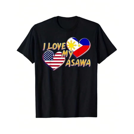 ?New Arrival?I Love My Asawa USA Philippines Flag Hearts Graphic T-Shirt, Unisex Cotton Crew Neck Filipino American Couple Casual Tee, Pinoy Pinay Gift