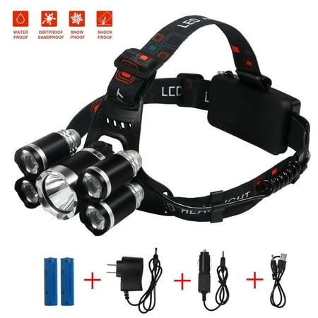 Brightest and Best LED Headlamp 8000 Lumens Bright Light Headlight Flashlight 4 Modes XML-T6 LED with Rechargeable Batteries and Waterproof Switch, for Camping / Travel / Walking /