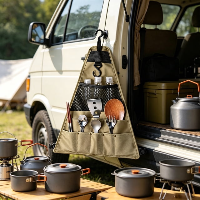 Bolsa de almacenamiento colgante para utensilios de camping con múltiples bolsillos, organizador plegable e impermeable para cocina al aire libre, viajes, autocaravanas, picnic, color caqui, 37x30 cm.