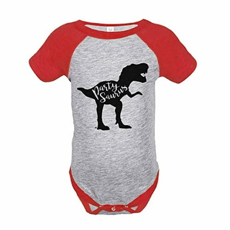 

7 ate 9 Apparel Kids Partysaurus Dinosaur Birthday Red Raglan Onepiece