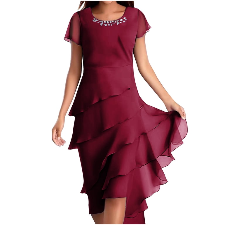sachin and babi light blue dress Chiffon Tiered Cocktail Dress for Women Elegant Short Sleeve Layered Knee  Length Dresses Round Neck Dress Evening Gowns Patchwork Dresses