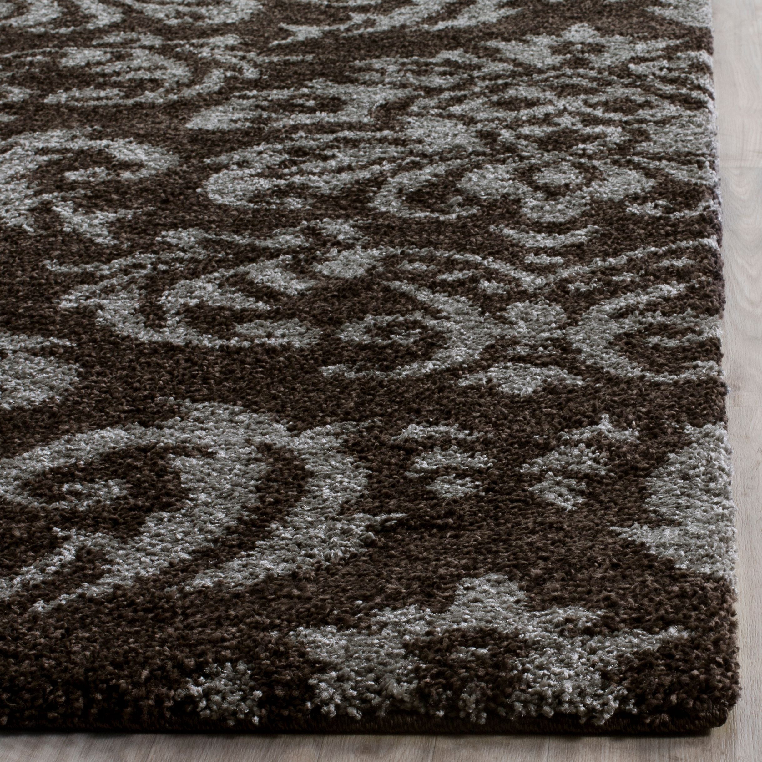SAFAVIEH Florida Desmond Damask Plush Shag Area Rug, Dark Brown/Smoke, 5' x 5' Square