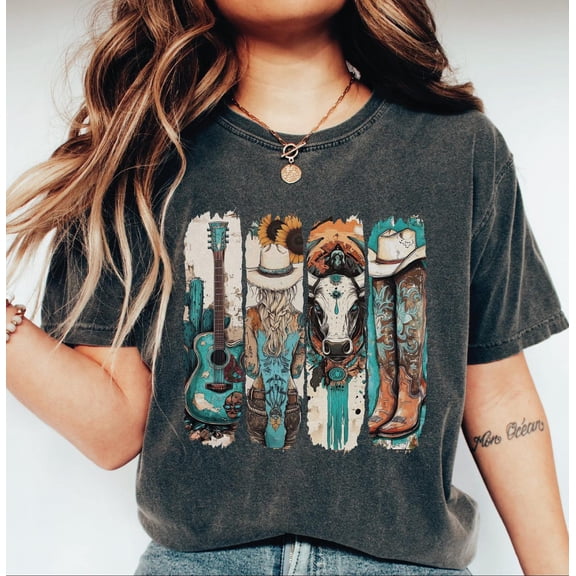 Western Cowgirl Shirt, Boots Tee, Trendy Western Tee, Western Turquoise Shirt, Sunflower Shirt, L317
