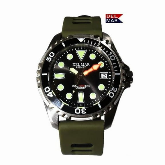 Del Mar Watches 50425 500 Meter Premier Pro Dive Watch 5 - Black Dial, Khaki Green Band