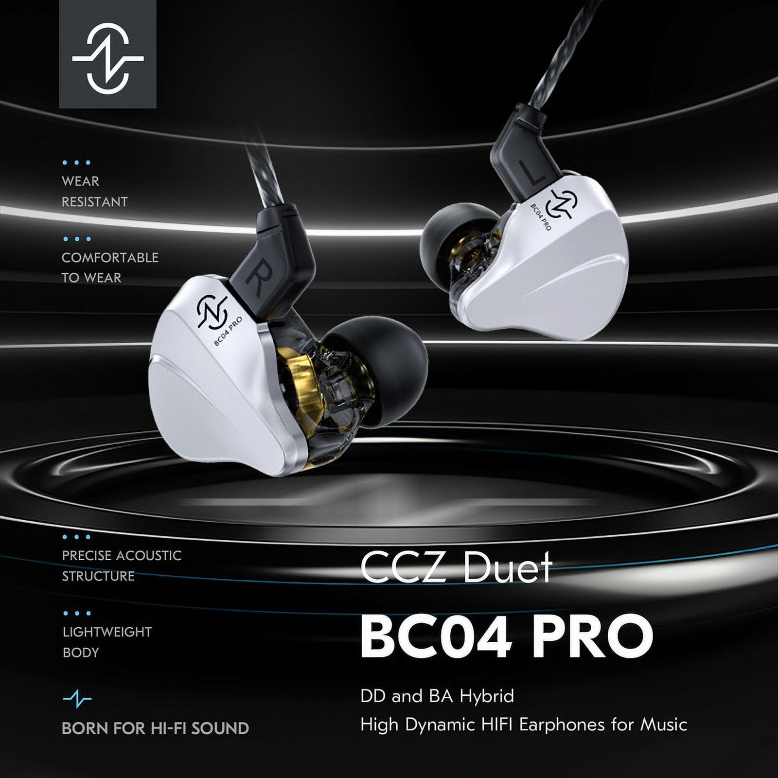 CCZ BC04 Pro in Ear Monitor Headphones,1DD+1BA Zinc Alloy Cover Hybrid Driver HIFI IEM Earphone Wired Earbuds Bass with Detachable Cable for Gaming Singers Musicians(Black,with mic)