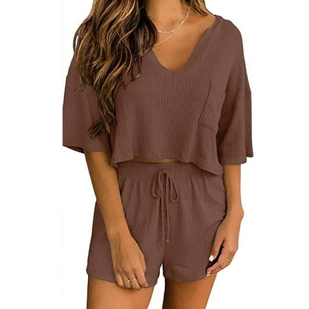 

Avamo Ladies Sleepwear Tops And Shorts Nightwear Elastic Waist Loungwear Women Casual Lounge Sets Sleep Pajamas Brown M