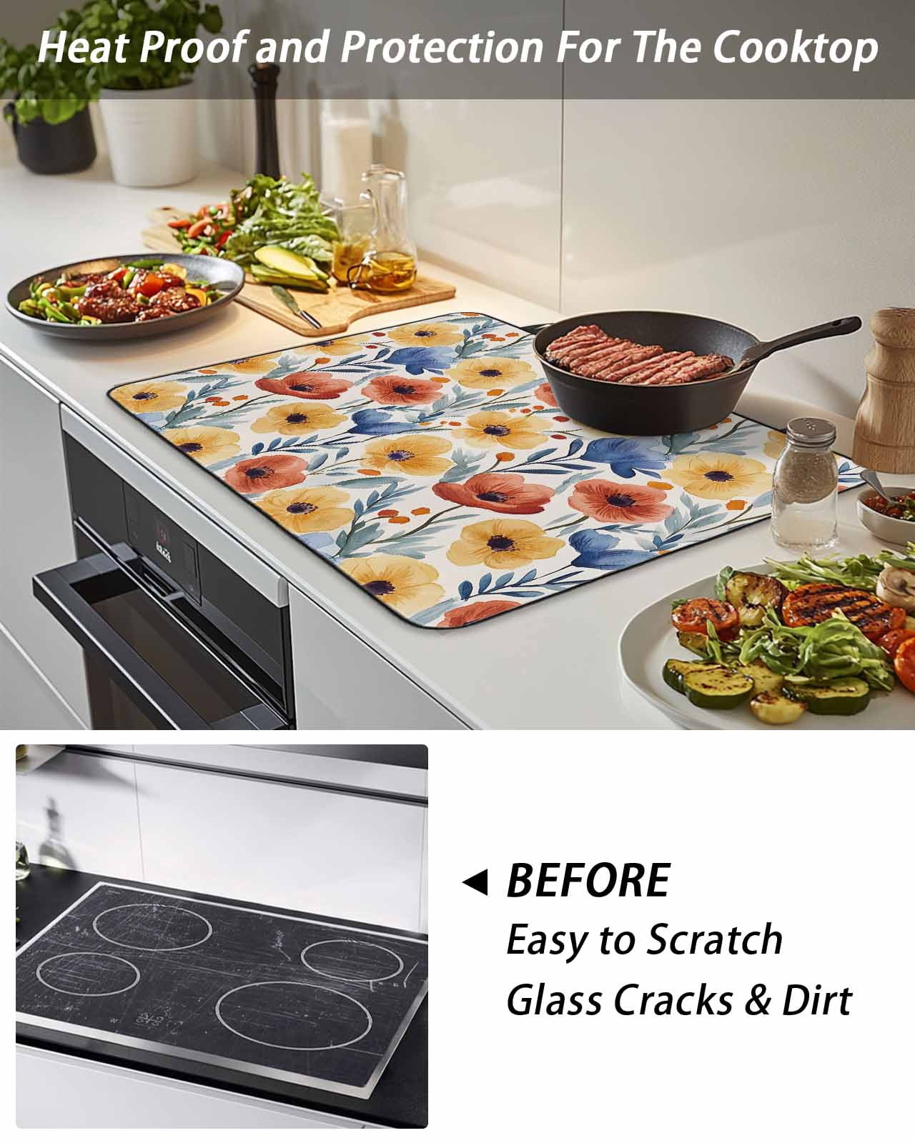 Stove Top Covers for Electric Stove 28.5x20.5 Inches, Spring Floral Heat Insulation Fireproof Glass Cooktop Protector, Red Yellow Blue Summer Botanical Countertop Stovetop Cover for Kitchen