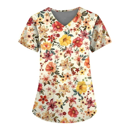 

Mlqidk Scrubs_for Women Working Floral Printed Uniform Tops with 2 Pockets V-Neck Short Sleeve Printed Tunic Uniform Shirts Yellow XL