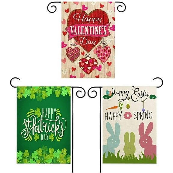 Dearhouse Valentine Day Garden Flag St Patricks Day Garden Flag Easter Garden Flags 3 Pack Outdoor Decorations for Seasonal Home Yard Spring