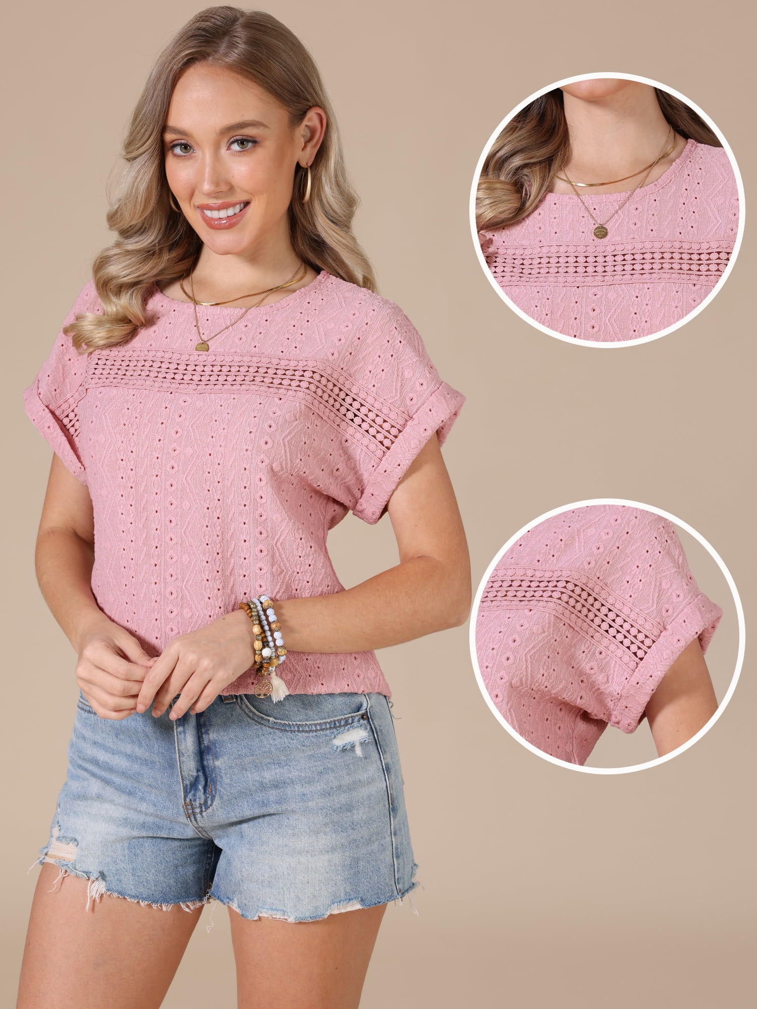 DARING DIVA Women's Short Sleeve Hollow Out Casual Eyelet Tops L Pink