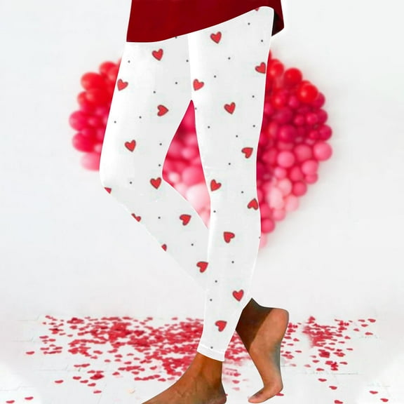 EQWLJWE Valentine's Day Leggings for Women Casual Heart-Shaped Graphic Yoga Pants Fashion Stretchy Workout Holiday Leggings for Pilates White(S-3Xl)