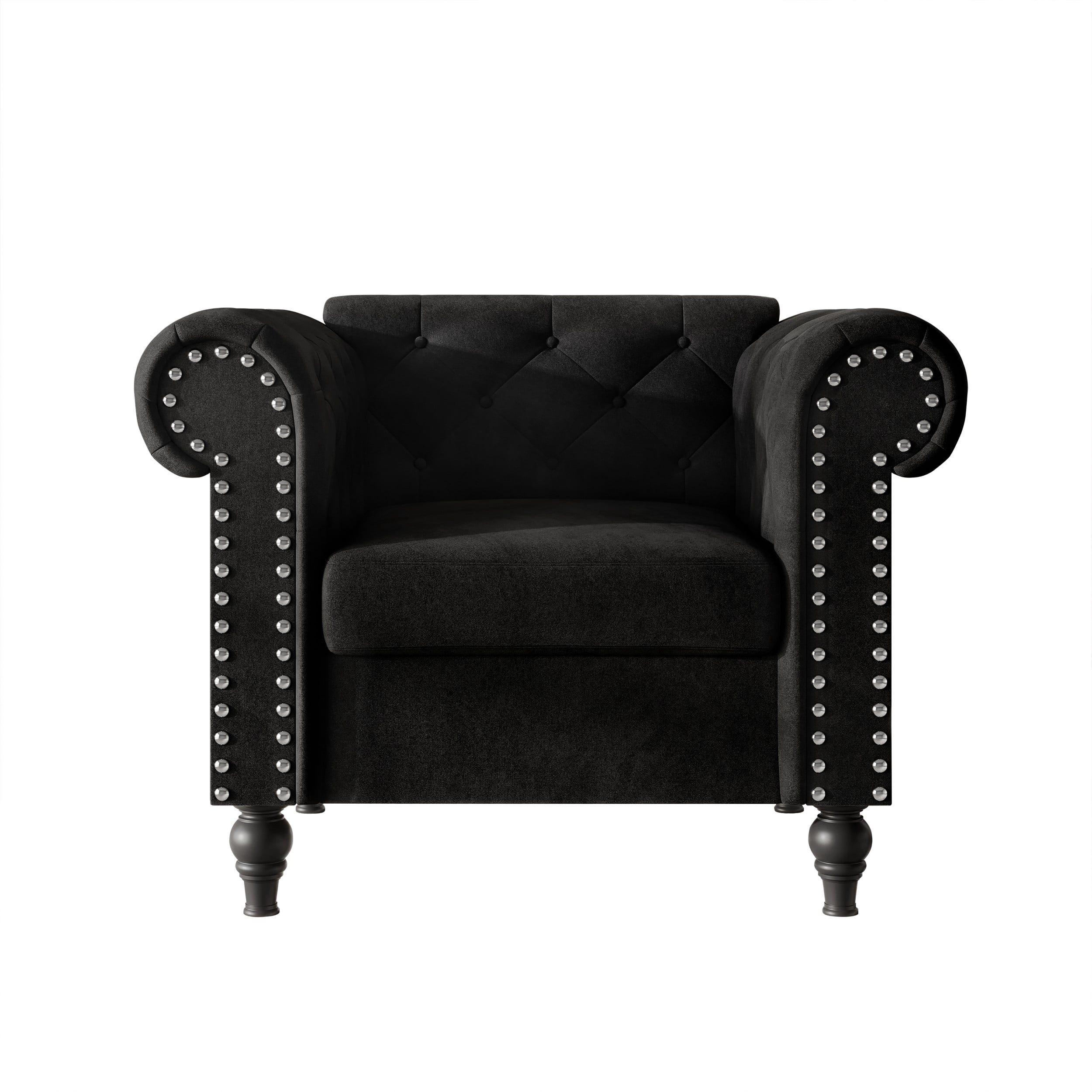 Home Design Kelso 3-Piece Velvet Living Room Set With Rolled Arm Chair, Loveseat and Sofa, Deep Button Tufting and Turned Legs, Black