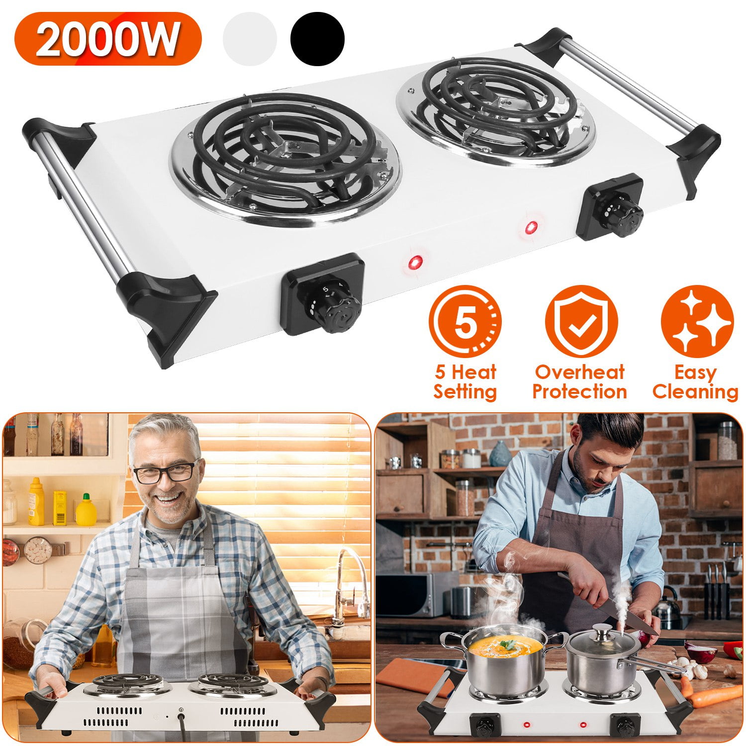 2000W Electric Dual Burner TeqHome Portable Electric Stove Countertop Hot Plate with 5 Temperature Adjustments Handles for Dorms Small Apartments RV Black