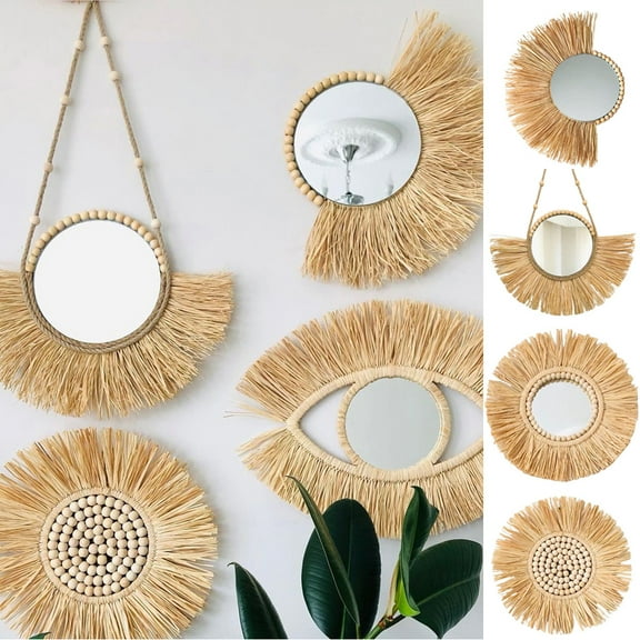 Cheers.US Macrame Wall Hanging Decor Evil Eye Wall Mirror Wall Mirror Woven Hanging Rattan Makeup Handmade Wall-Mounted Round Tassel for Bedroom Living Room