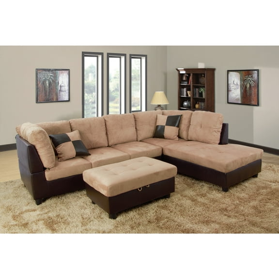 L Shape Sectional Sofa Sets Living Room Furniture with OttomansPillows - Beige