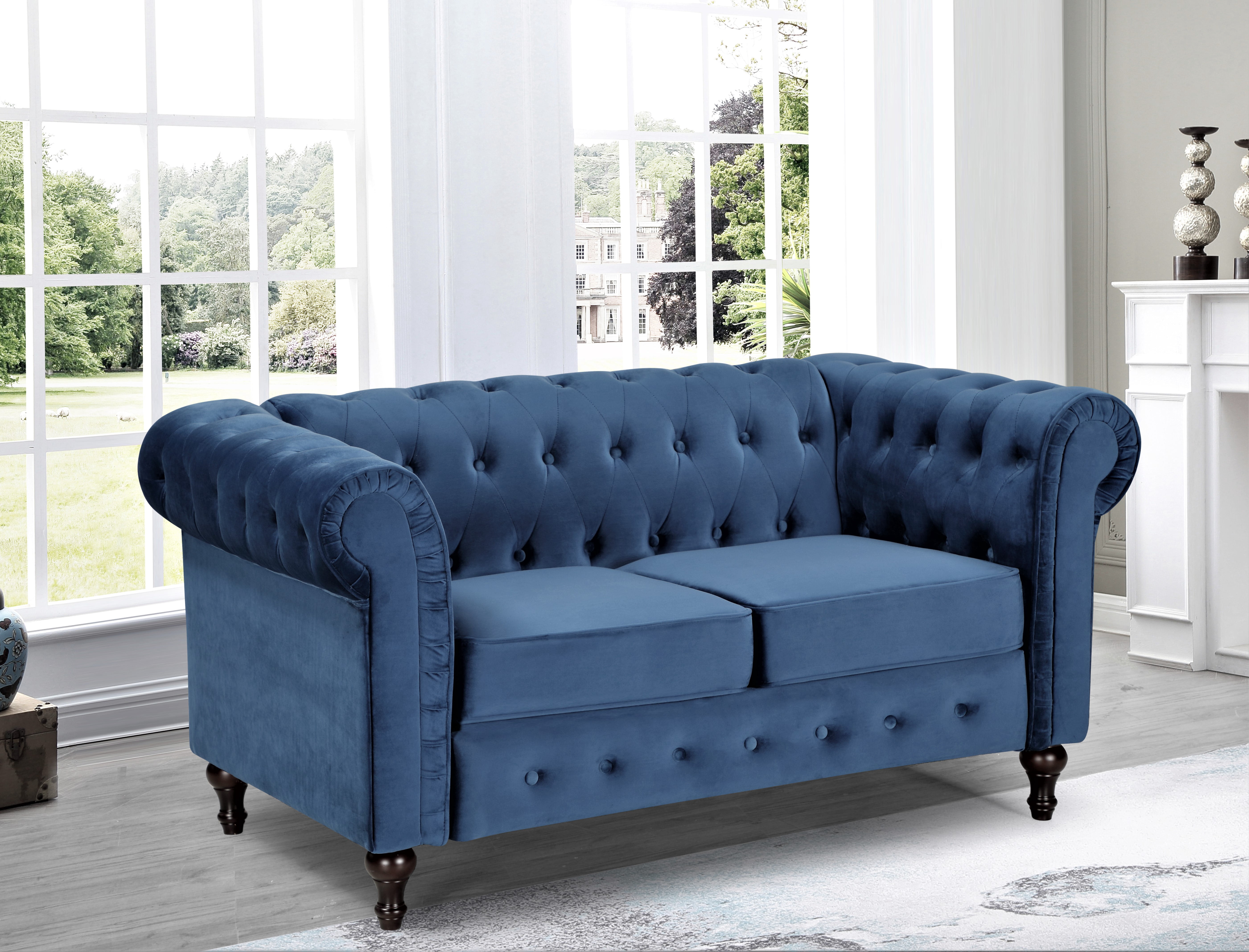 Uspridefurniture Shamblin 61'' Rolled Arm Chesterfield Velvet Loveseat -Blue