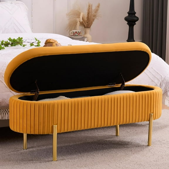 Velvet Storage  for Bedroom Upholstered End of Bed  Modern Ottoman with Gold Legs for Living Room/WindowEntryway (Mustard Yellow, Oval-45.5" W)