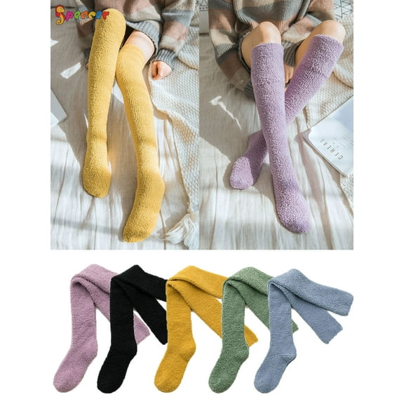 Spencer Women's Soft Warm Coral Fleece Knee High Stockings Over the Knee Leg Warmer Cozy Fuzzy Socks "Purple"