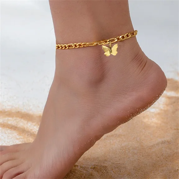 Punk Figaro Chain Anklet Golden Color 14K Yellow Gold Butterfly Charm Leg Foot Chain Ankle Bracelet for Women Jewelry Gift