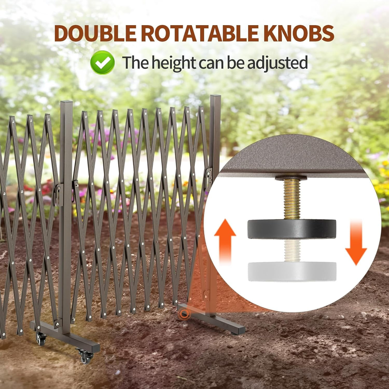 Aluminum Expandable Garden Fence, Portable Barricade Gate with Casters, Adjustable Retractable Fence Mobile Barricade Safety Barrier (Brown, 201×15×41 inch)