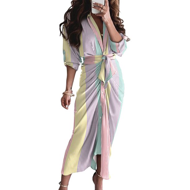 VISgogo Vestido Casual para Mujer, Color Sólido/Rayas/Contraste de Color Impreso Manga Larga Cuello en V Vestido Largo VISgogo moda