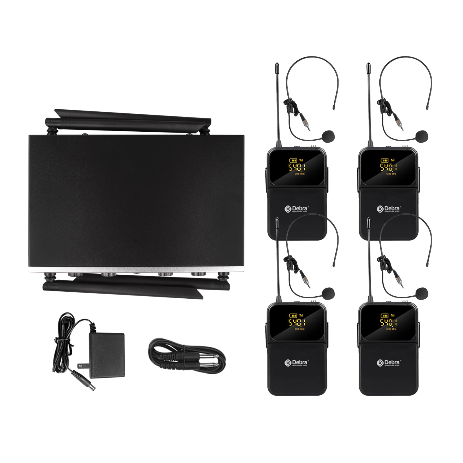 D Debra Audio Pro DU4004 UHF 4 Channel Wireless Microphone System with Lavalier Headset Mics, Ideal for Meeting Church Speech (4 Bodypack)