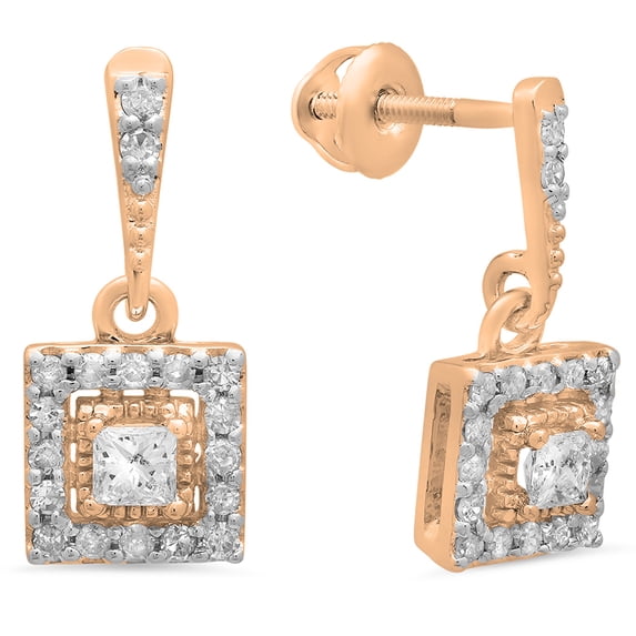 0.45 Carat (ctw) 10K Rose Gold Princess & Round Cut White Diamond Ladies Dangling Earrings 1/2 CT