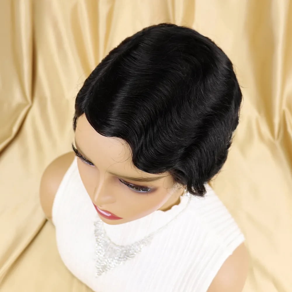Short Pixie Cut Wigs for Black Women Mommy Brazilian Finger Ocean Wave Remy Human Hair Cheap Wig for Party Natural Black Color Full Machine Made