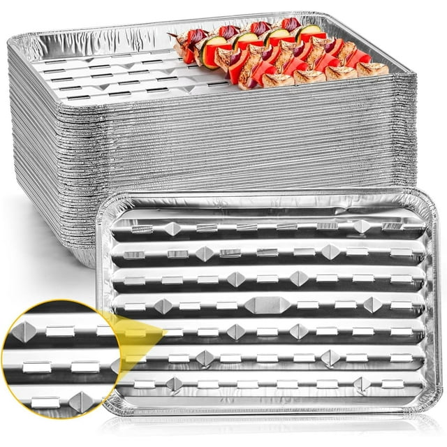 Yesland 30 Pack Disposable Aluminum Pans with Perforated Bottom for Air Circulation - 13.4 x 9 x 1.1 Inch Food Containers, Aluminum Sheet Pans for Cooking, Baking, Heating, Storing, Meal Prep, Takeout