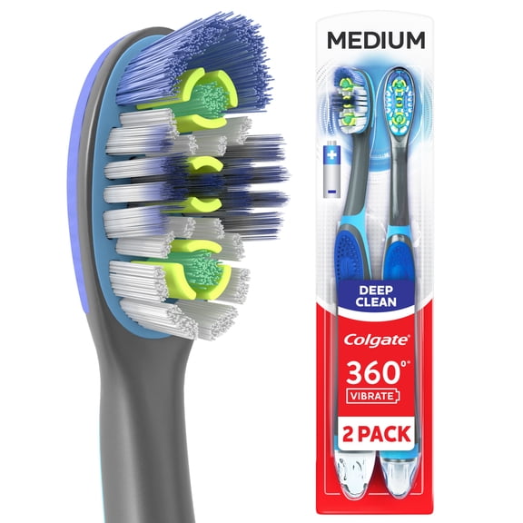 Colgate 360 Vibrate Deep Clean Battery Powered Electric Toothbrush with Medium Bristles, 2 Pack