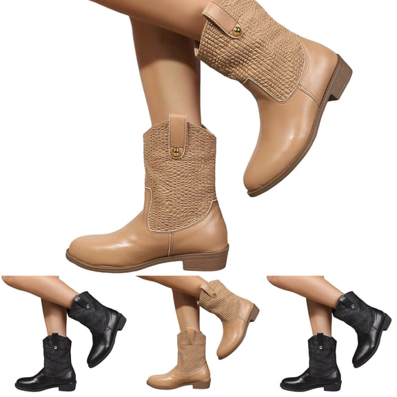 Dakaela Women's Mid Calf Cowboy Cowgirl Boots Low Chunky Heel Motorcycle Riding Western Ankle Booties