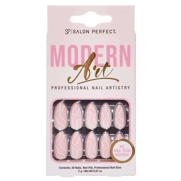 Salon Perfect Artificial Press on Nails, 191 Modern Art White Swirls Matte Medium Almond, Glue On Fake Nails, File & Nail Glue Included, 30 Nails