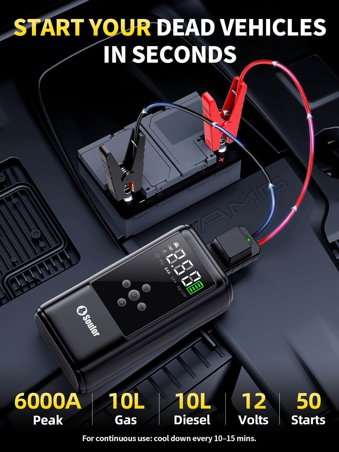 Soulor Jump Starter with Air Compressor, 6000A Battery Jumping Starter (Suitable for Gasoline and Diesel Vehicles),Three Emergency Lights Modes
