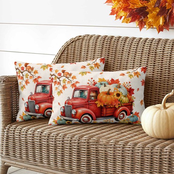 Waterproof Throw Pillow Covers 20x12 Set of 2, Thanksgiving Pumpkin Truck Fall Maple Leaves Orange Outdoor Pillowcases, Retro Linen Decorative Cushion Covers for Patio Garden Sofa Couch
