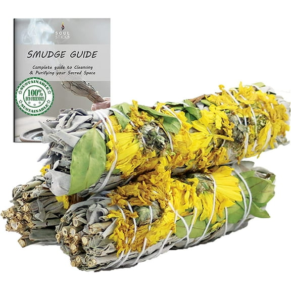 AncientVeda White Sage with Sunflowers Pack of 3 Bundles & Smudge Guide for Smudging, Cleansing, Meditation, Purification