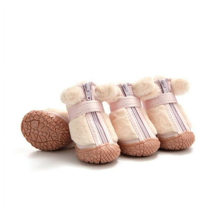 4PCS Dog Snow Boots for Small Medium Dogs Warm Plush Boots Paw Protector Winter Dog Shoes with Adjustable Strip Antislip Sole (Pink L---4)