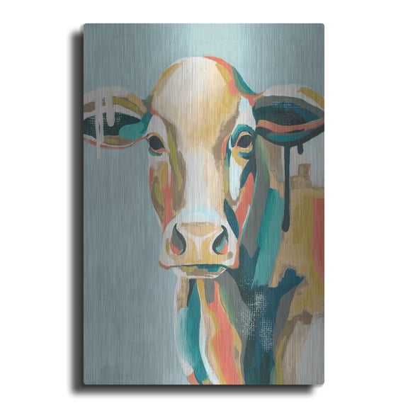 Luxe Metal Art 'Colorful Cows I' by Grace Popp, Metal Wall Art Glass, 16" x 24"
