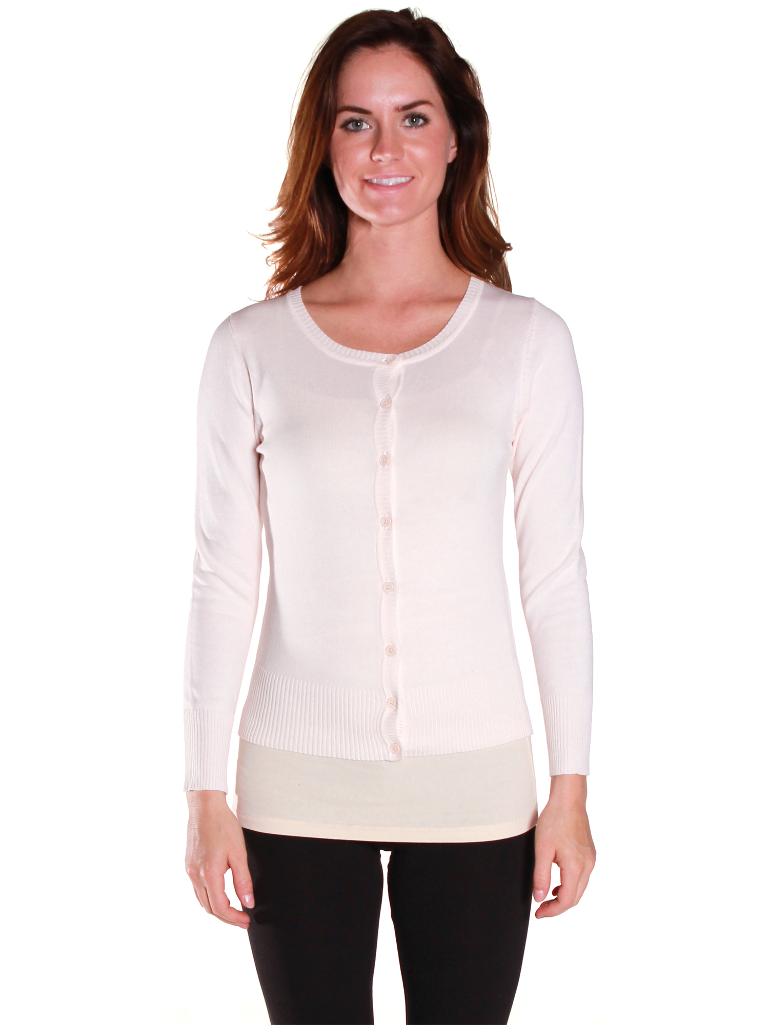 Active USA Junior Women's Knit Basic Round Neck Cardigan Sweater