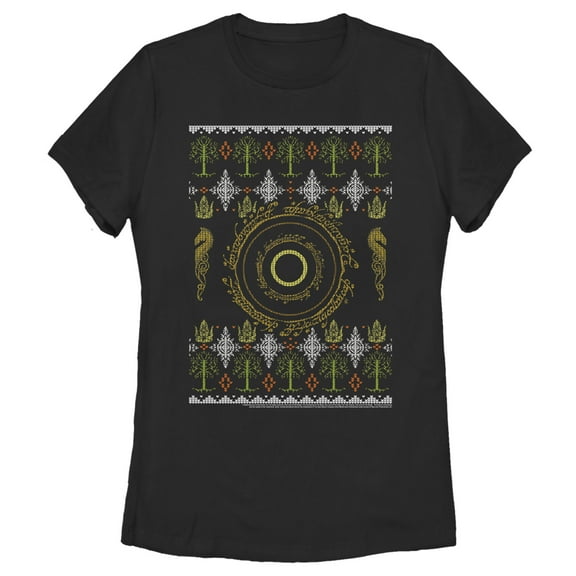 Women's The Lord of the Rings Fellowship of the Ring Christmas Sweater Ring Graphic Tee Black Medium