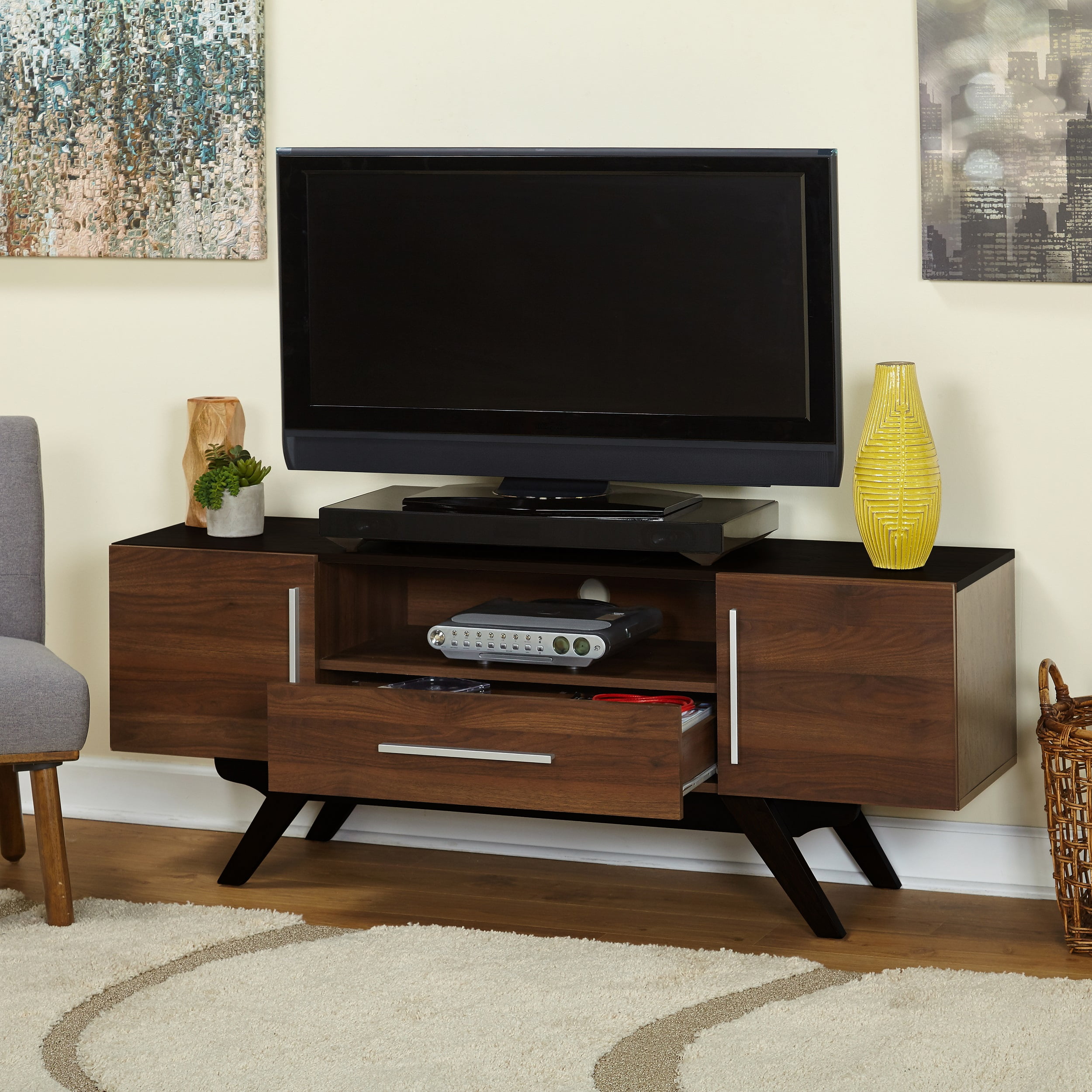 TMS Lambert Mid-Century TV Stand, Up to 64 inch TV's, Walnut and Black