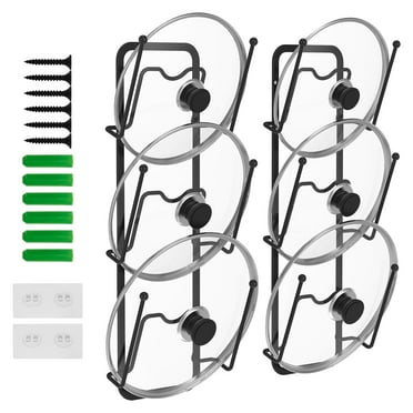 2Pcs Carbon Steel 3 Layers Pot Lid Organizer Racks No Punching W Shape Design Pot Lid Cabinet Racks With Adhesive Hooks for Countertop Wall Cabinet Door