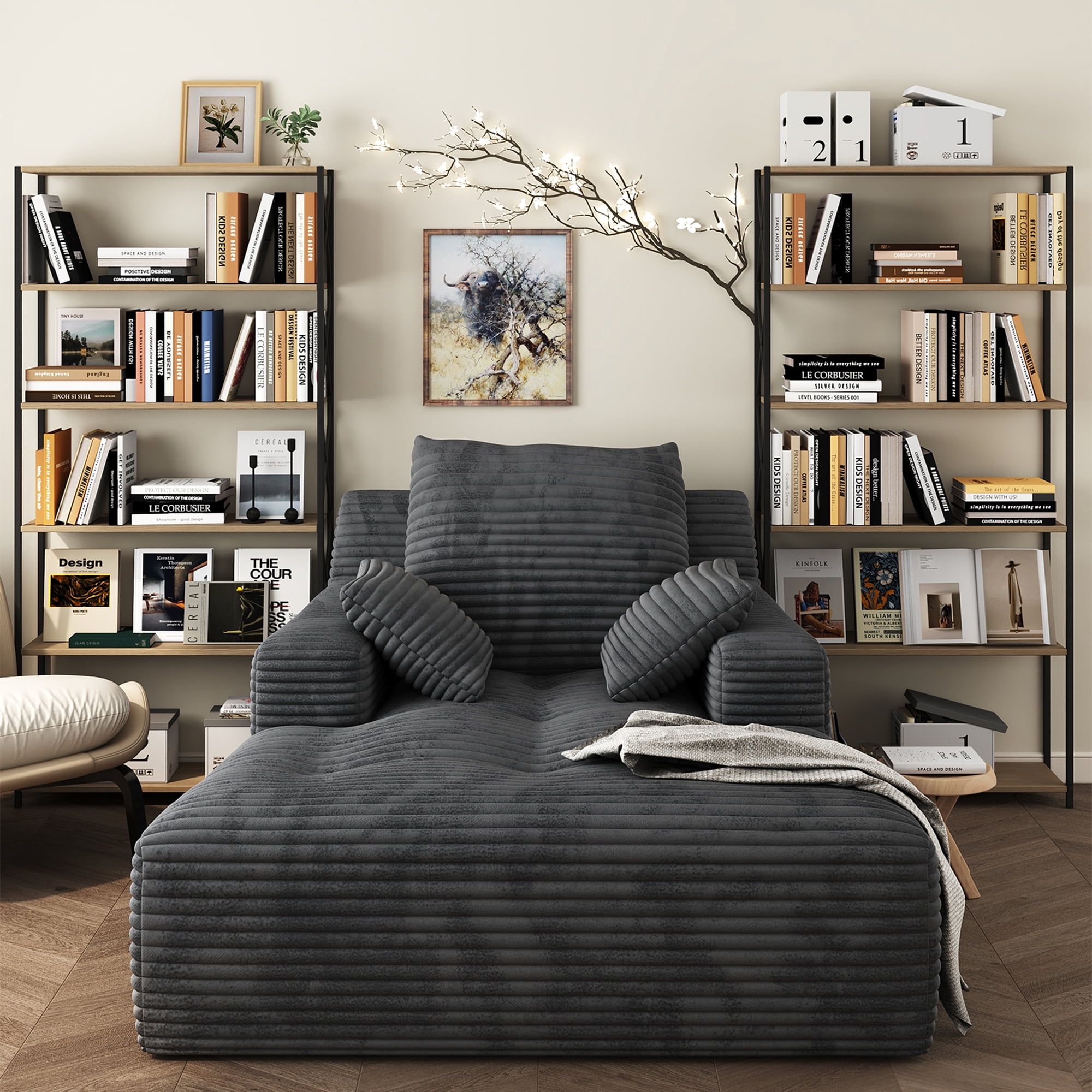 67'' Oversized Chaise Lounge Chair Indoor, Cloud Plush Corduroy Upholstered Sofa Bed, Modern Deep Seat Sofa with Back Cushion, Pillows, Cozy Sleeper Couch for Living Room, No Assembly Required, Grey