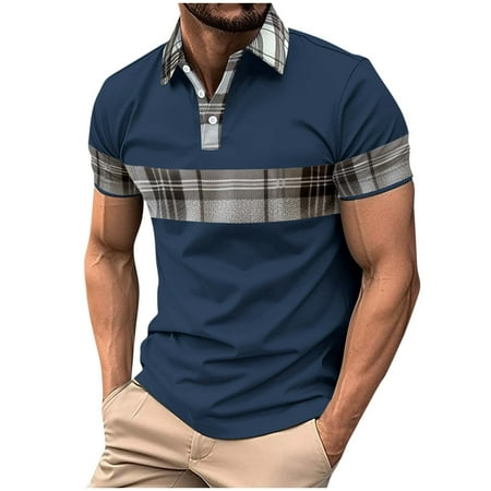 Mens Shirts Under $10 Mens Fashion Casual Shirts Short Sleeve Plaid Printed Golf Summer Casual Collar Shirt Navy L