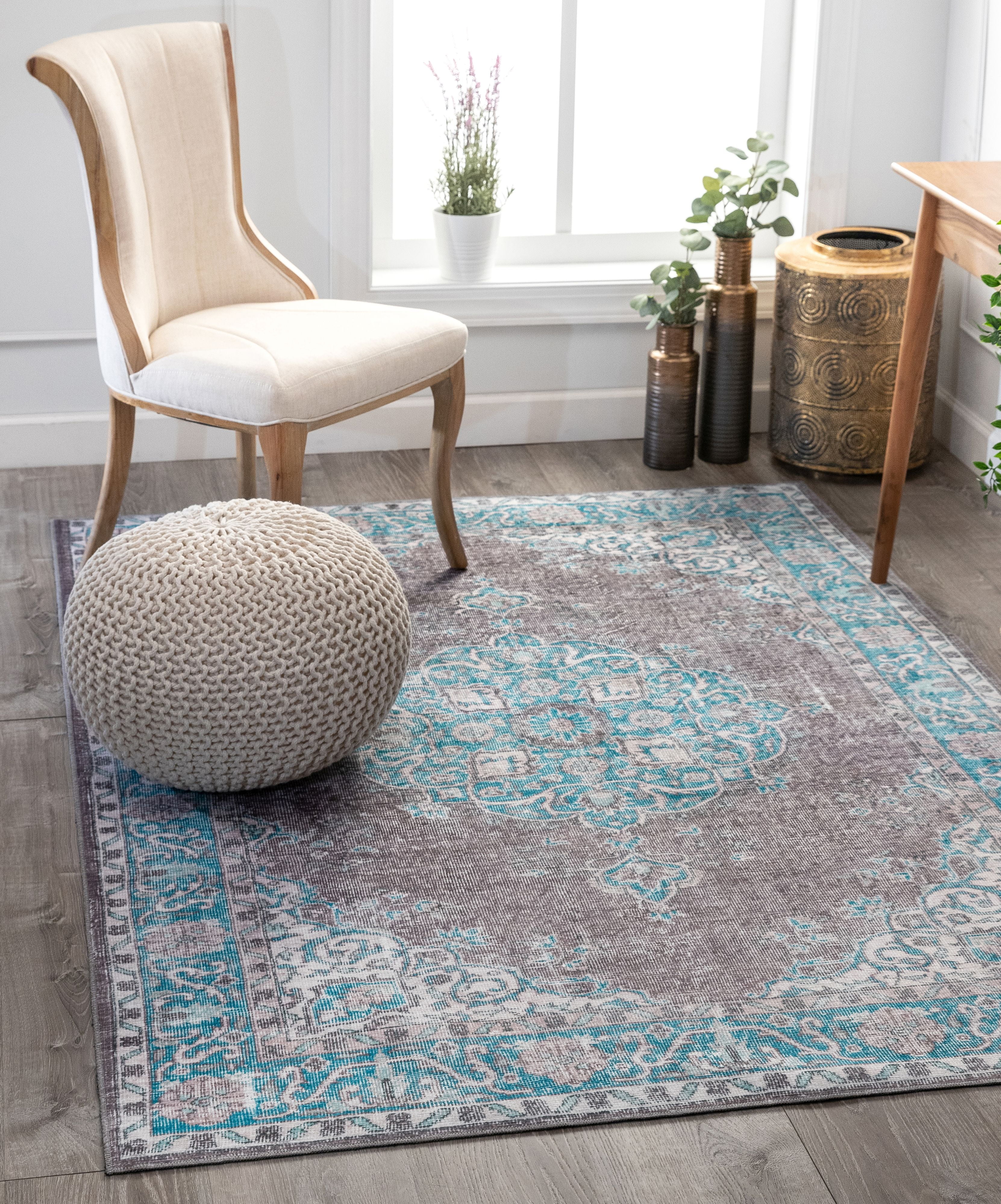 Photo 1 of Well Woven Machine Washable Nile Tarifa Vintage Bohemian Medallion Floral Border Light Blue 3'9 x 5'7 Area Rug