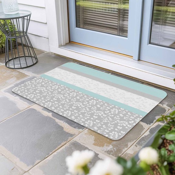 Aqua Grey Door Mat Indoor Outdoor,Chic Garden Floral Stripe Embroidery Design Non Slip Welcome Mat with Rubber Backing,Absorbent Fabric Front Door Mats Entryway Rug for Home Patio Entrance 20"x31.5"