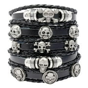 ZENBATH 5Pcs Black Skull Leather Bracelets Set for Men Women Stackable Braided Cuff Bracelet Punk Rock Handmade Wristband Gift for Halloween