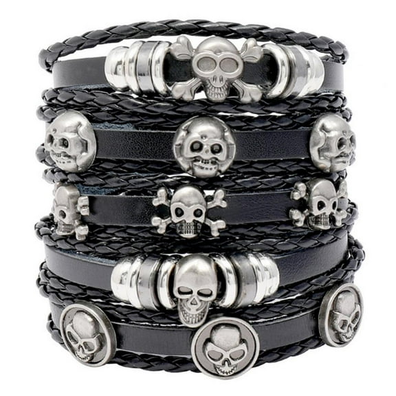 5Pcs Black Skull Leather Bracelets Set for Men Women Stackable Braided Cuff Bracelet Punk Rock Handmade Wristband Gift for Halloween