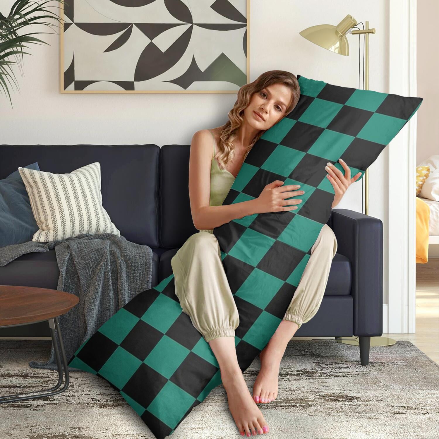 Plaid Body Pillow Cover 20x54 - Soft Checkered Pillow Case with Zipper, Full Body Support Pillow Protector for Bed, Office & Car - Machine Washable